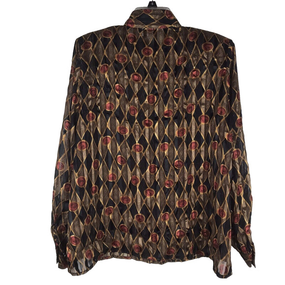 Vintage Yves St Clair 2 Button Up Top Sheer Blouse Diamond Black Gold Red Sz 14W - Picture 6 of 10